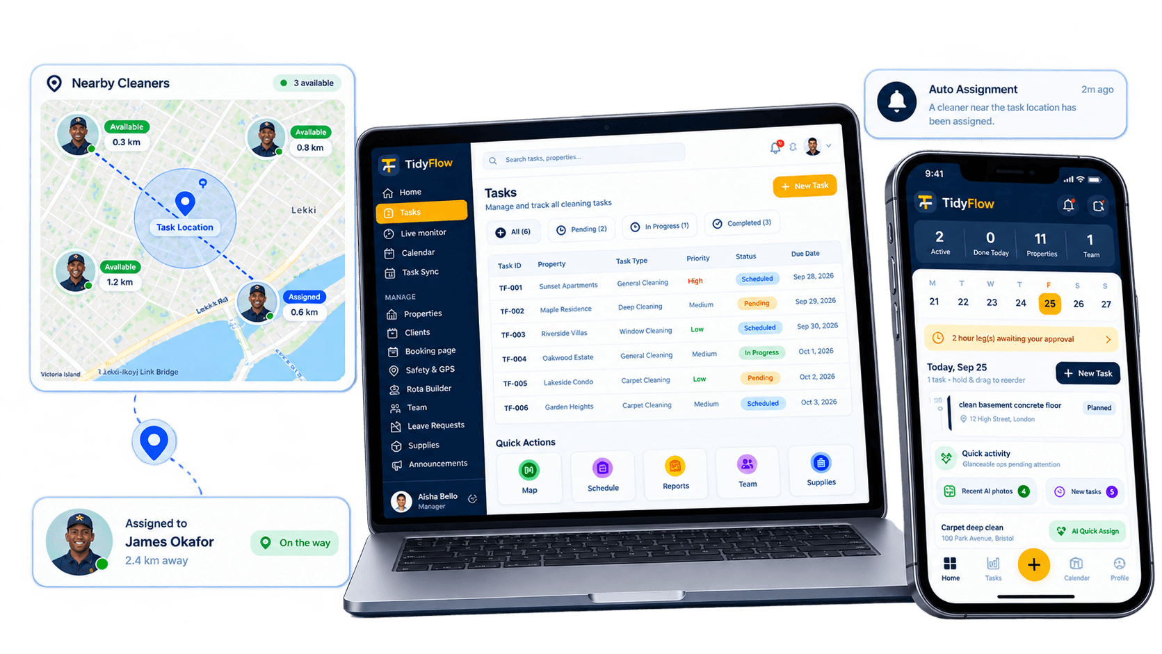 TidyFlow web operations dashboard on a laptop beside the mobile field app, with live cleaner map and auto-assignment notifications